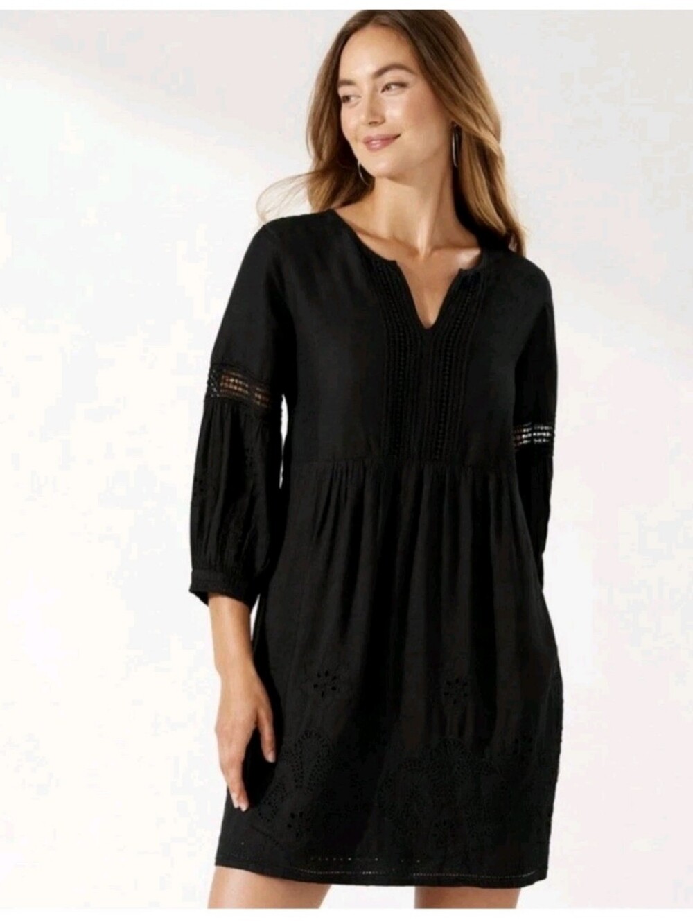 Tommy Bahama St Lucia Split Neck Linen Blend Dress Medium Black